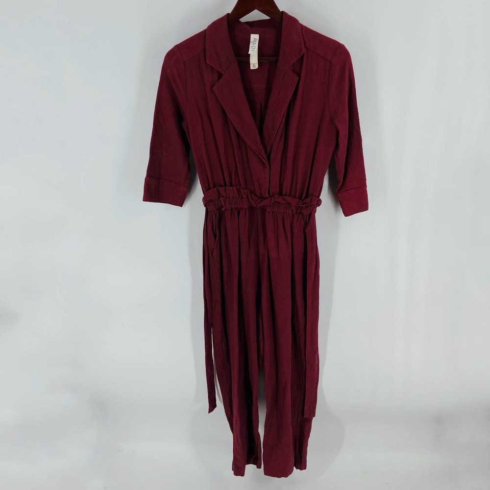 Anthropologie Amadi Burgundy Elastic Waist 3/4 Sleeve Cropped Jumpsuit Size XSP - Picture 13 of 13